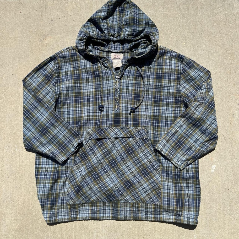 Women’s Blue Green Plaid Hooded Pullover Zip Up